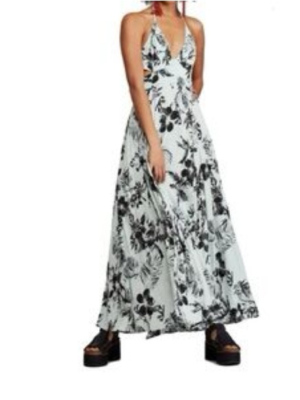 Free People White Maxi Dress with Black Floral Print